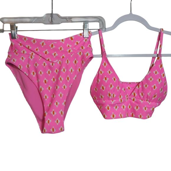 Aerie Pink Patterned Bikini Set High Waisted Cheeky Triangle Top Size Xs - Picture 1 of 7